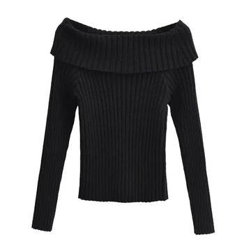 Getadme-Autumn Winter Solid Color Rib Knitted Off the Shoulder Pullover Sweater Sexy Women Full Sleeve Slim Stretch Knitwear Jumper